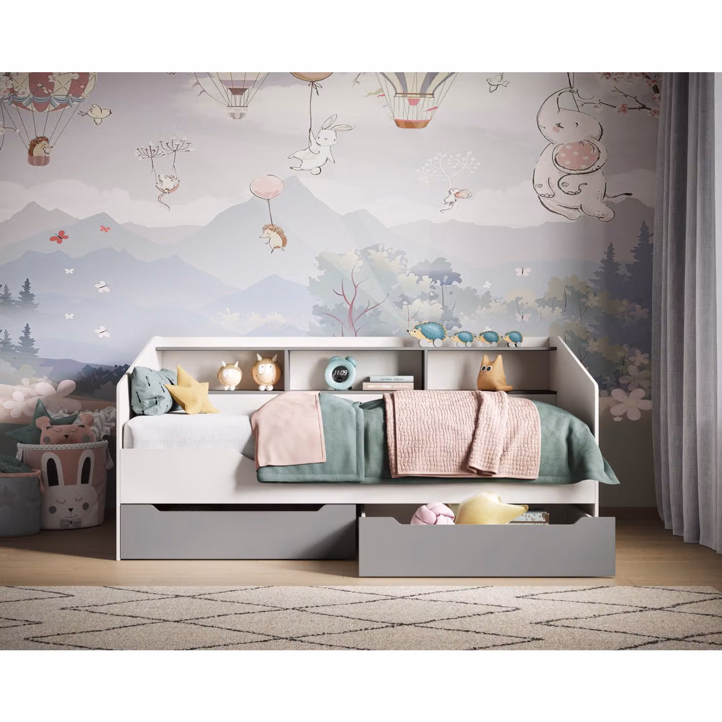 Flair Leni Day Bed in White and Grey with Oak Solid Wood Drawers and Bedside Shelf, 90 x 200 cm – 2