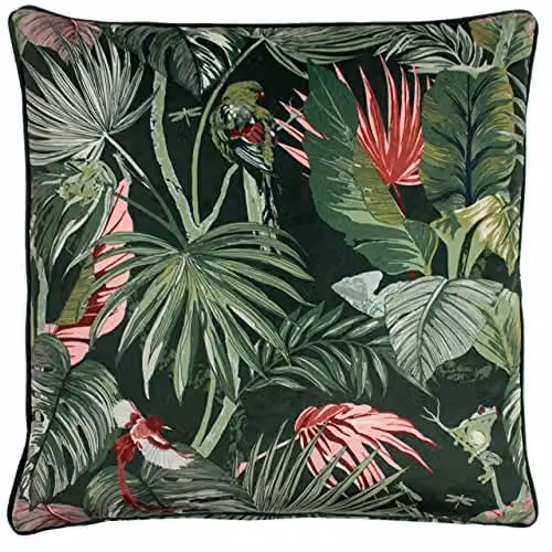 Paoletti Amazon Creatures Printed Velvet Cushion in Green and Pink, W/D/H: 50 x 50 x 50 cm