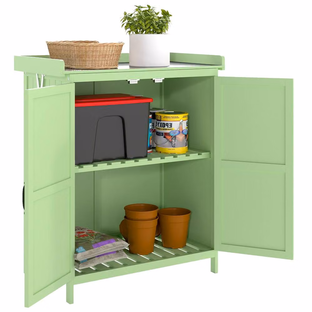 OUTSUNNY Green Wooden Garden Low Cabinet with Double Doors, Shelving and Roof Vent, W/D/H: 70 x 40 x 88 cm – 2