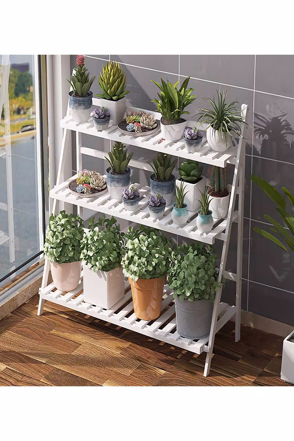 Living and Home 3-Tier Foldable Wooden Ladder Plant Stand in White – 2