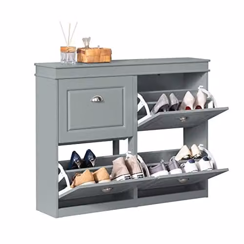 SoBuy Modern Grey MDF Wooden Shoe Storage Cabinet with 4 Tilting Compartments, W/D/H: 105 x 24 x 82 cm