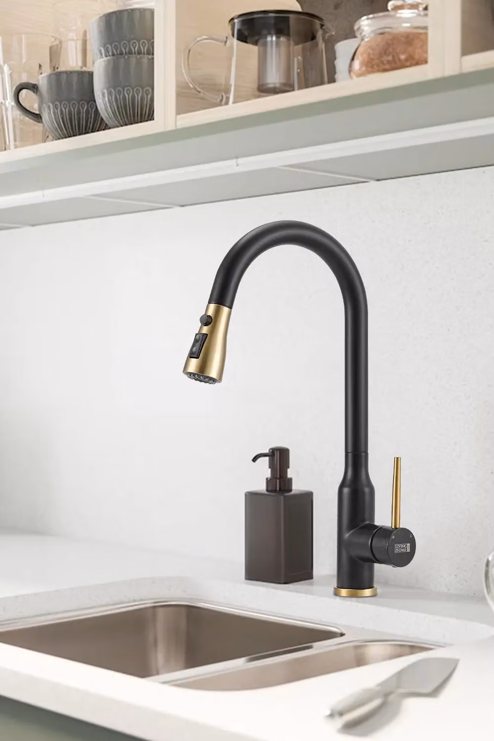 Living and Home Matt Black Stainless Steel Single Lever Kitchen Faucet with Pull Out Spout and Spray Function – 3