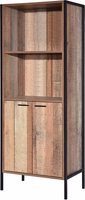 LPD Home Hoxton Industrial Bookcase and Display Cabinet in Black and Brown Wood and Metal with Glass Doors