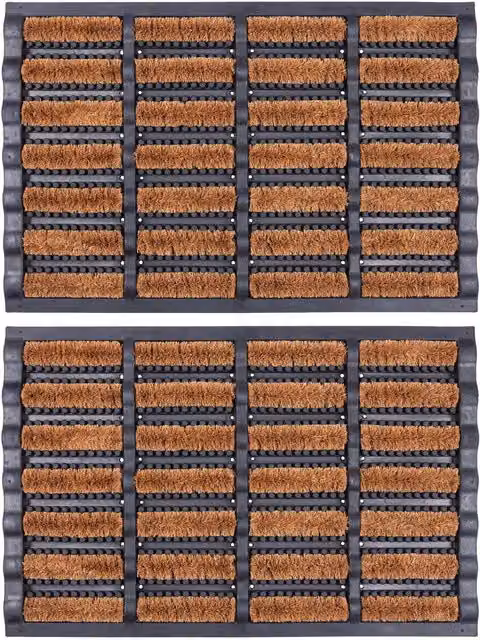 Nicola Spring Pack of 2 Brown Striped Coir and Rubber Heavy Duty Scraper Door Mats, W: 60 cm, D: 40 cm
