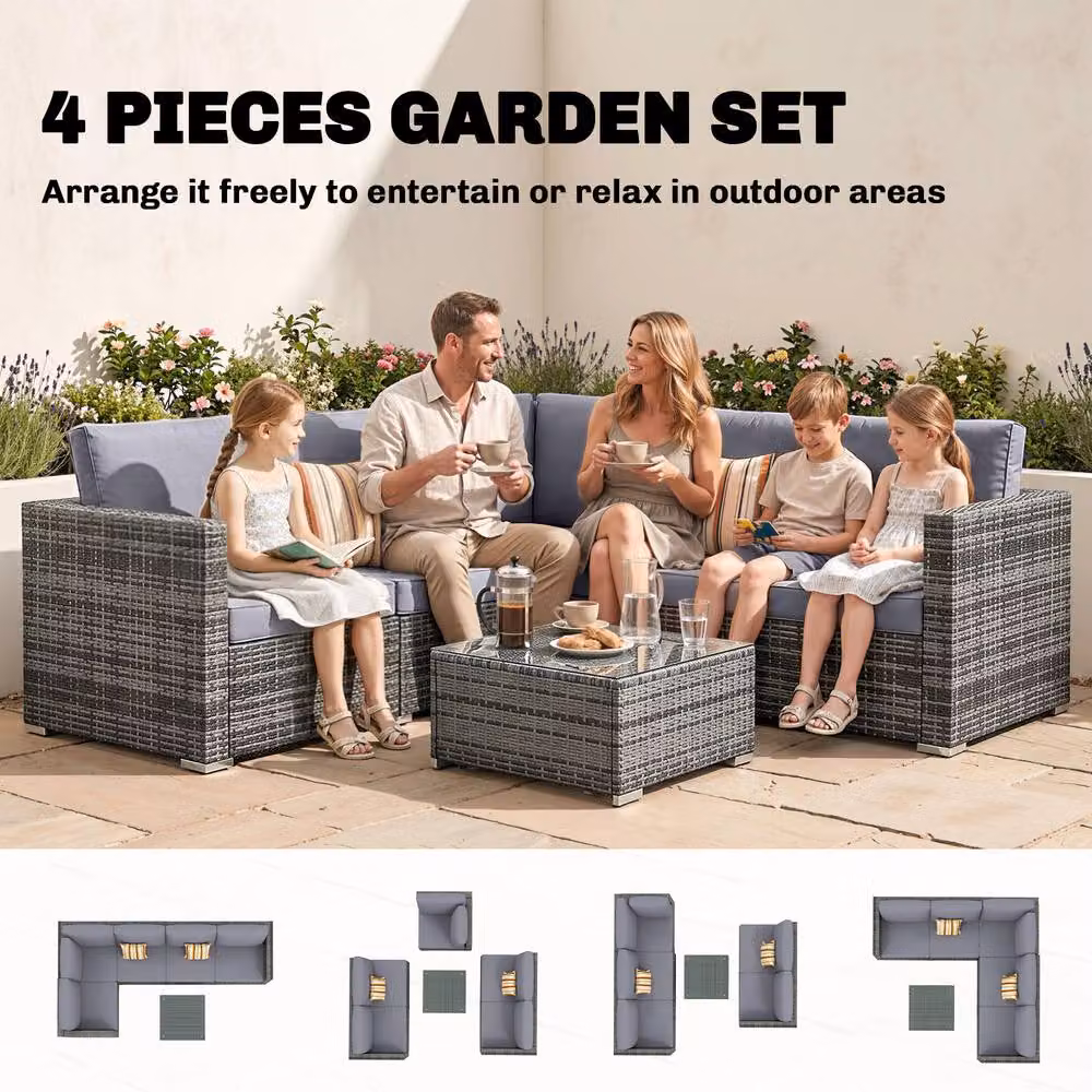OUTSUNNY 4 Piece Rattan Furniture Set with Grey Wicker Chairs and Coffee Table – 4