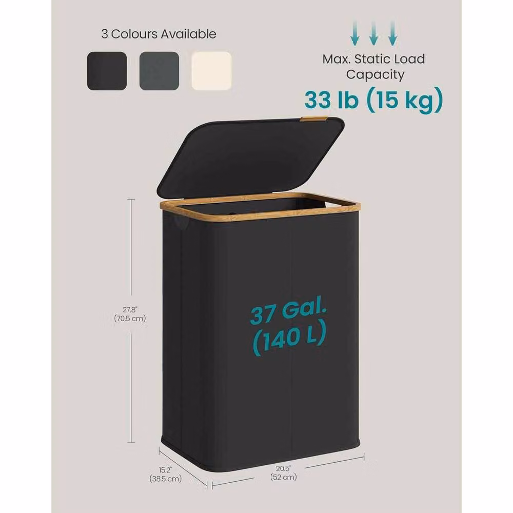 The Bazaarist Double Laundry Hamper with Lid, Bamboo Frame, Jet Black – 3
