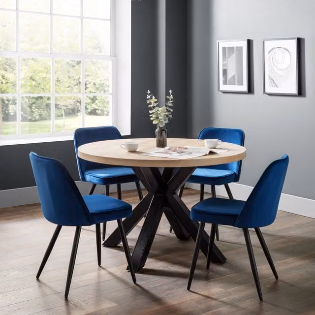 Julian Bowen Berwick Round Oak Dining Table and 4 Blue and Black Burgess Chairs Set