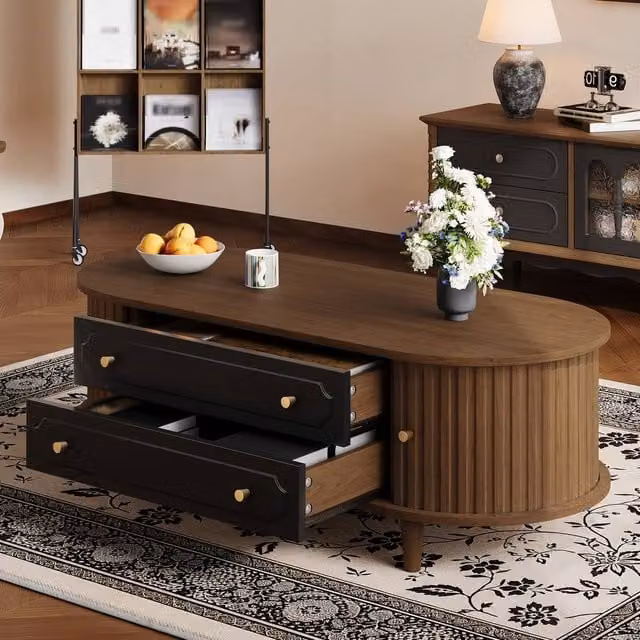 BTM Walnut and Black Coffee Table with Storage Drawers and Roll Door for your Living Room – 1