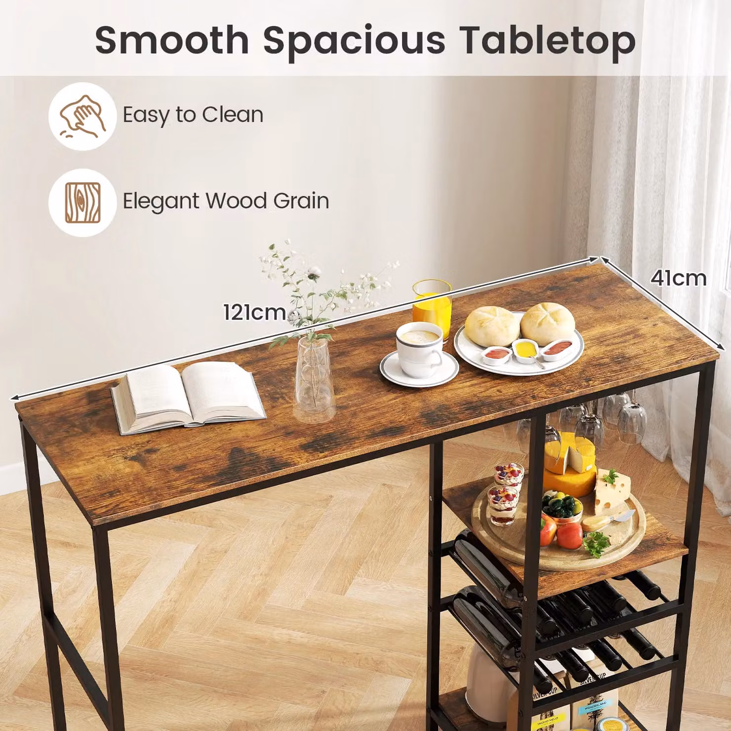Gymax Rustic Brown Bar Table with Glass Top and Serving Shelves – 8