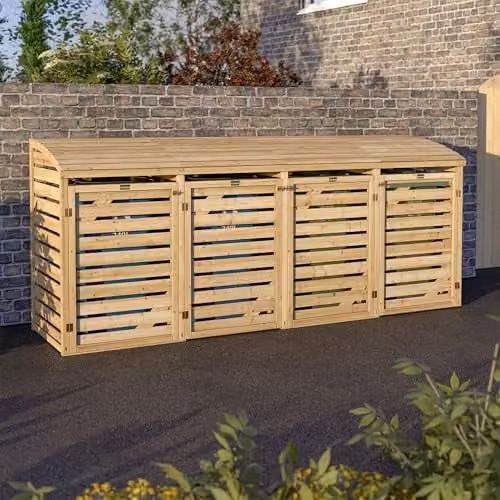 Rowlinson Classic Quadruple Bin Store in Natural Brown Wood, W/D/H: 130 x 80 x 74 cm