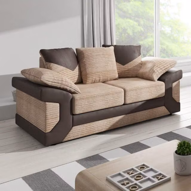 Furnishings For Less UK Dino Large 2 Seater Fabric Sofa in Brown with Scatter Back Cushions