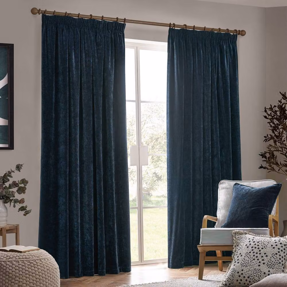 Yard Navy Blue Heavy Chenille Blackout Pencil Pleat Curtain Pair, Width: 229 cm, Drop: 137 cm – 2