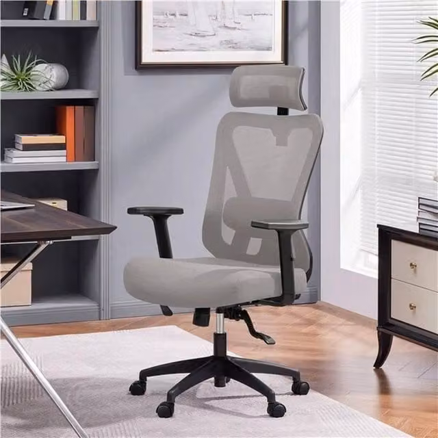 KORVIXA Ergonomic Grey Fabric Office Chair with Headrest and Armrests – 1