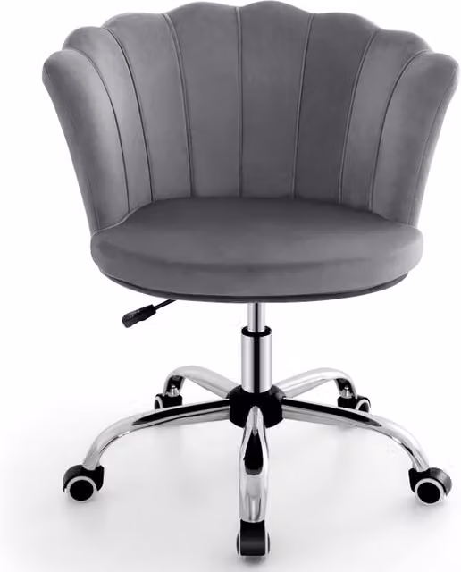 COSTWAY Grey Velvet Art Deco Swivel Vanity Task Chair with Armrests and Castors