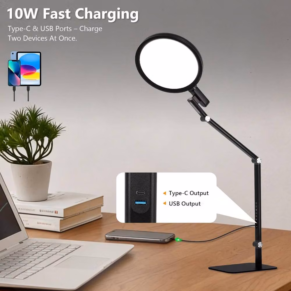 Goeco Black LED Table Lamp with Touch Dimming and USB-C Charging – 3