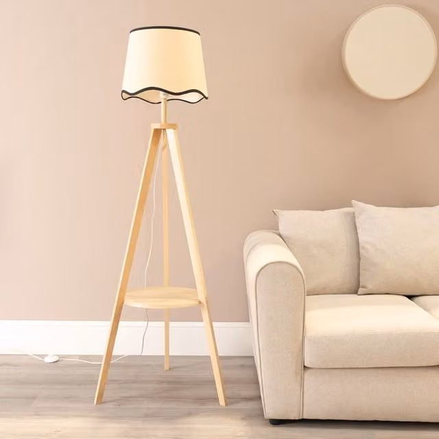 ValueLights Morrigan Natural Wood Tripod Floor Lamp with Black Trim Scallop Shade and LED Bulb – 1
