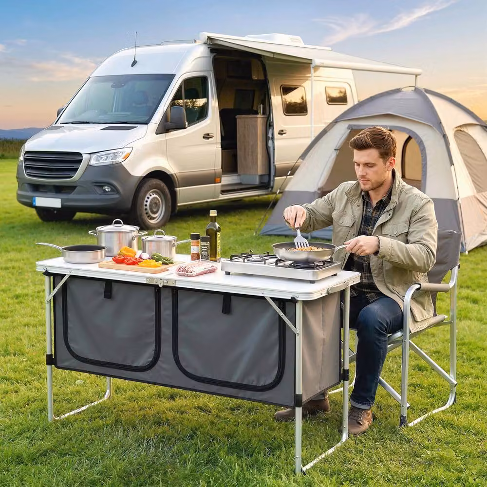 Outsunny Folding Portable Camping Cupboard with Storage in Silver – 2