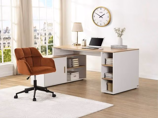 Vente-unique ROMIARA Corner Desk with Storage in White and Light Oak MDF, W: 120 cm, D: 73 cm, H: 76 cm