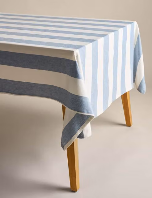 M&S Blue Mix Cotton and Linen Wide Striped Rectangular Tablecloth