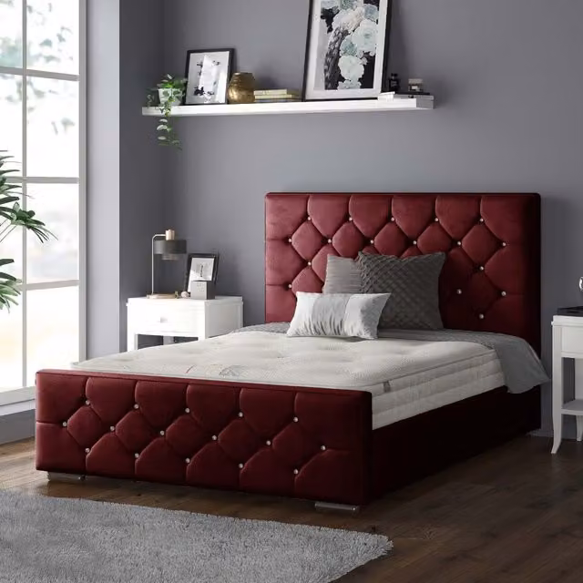 IH Design Chesterfield Upholstered Velvet Bed Frame in Red, W/D/H: 90 x 190 cm