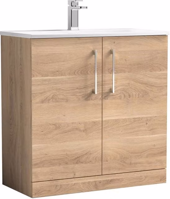 Balterley Brown Bleached Oak 2-Door Floor Standing Bathroom Vanity and Basin with Soft Close Doors and Internal Shelves, Width: 80 cm