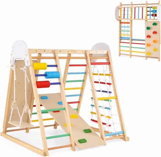 Costway Foldable Indoor Climbing Jungle Gym Set in Brown Multicolour Wood