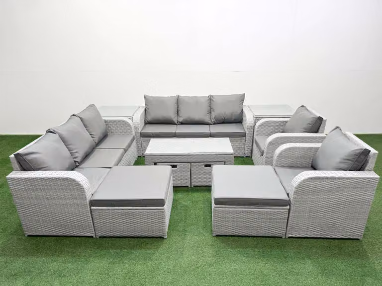 Fimous Grey PE Wicker Rattan Garden Furniture Set with U-Shape 3-Seater Sofa, Ottoman, and Oblong Coffee Table