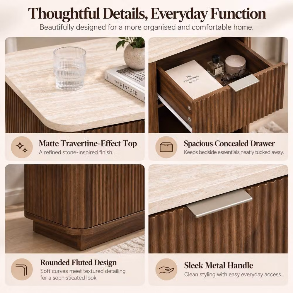 Merax Set of 2 Fluted Bedside Tables with Marble Effect Top Drawer and Open Shelf in Walnut – 4