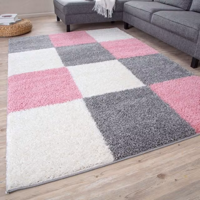 THE RUGS Soft Check High Pile Shaggy Rug, Pink, W: 160 cm, D: 230 cm
