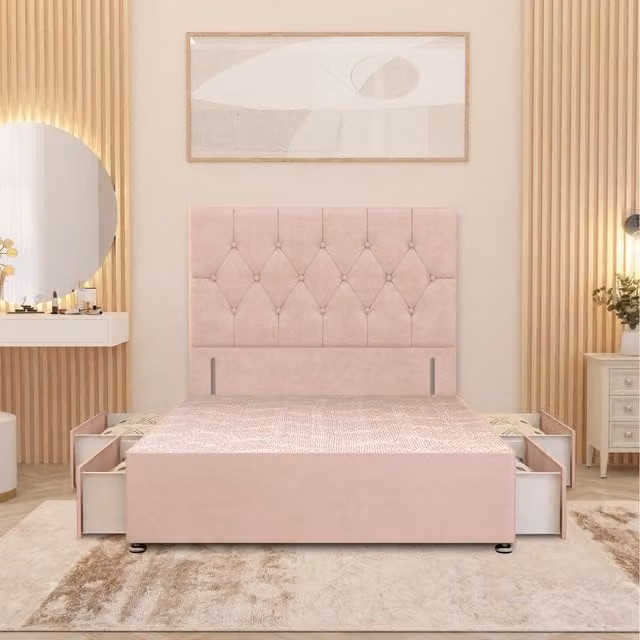 Somnior Beds Ltd Chesterfield Velvet Divan Bed Base with 4 Drawers and Floor Standing Headboard, Pink, W/D: 120 x 200 cm