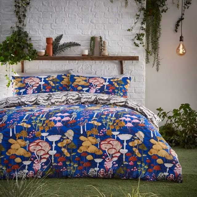 Make it a Home Amanita Abstract Mushroom Reversible Duvet Cover, Blue, 200 x 200 cm
