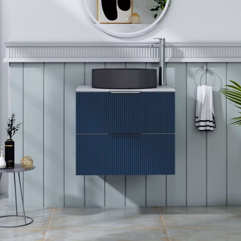 Royal Bathrooms Evora Midnight Blue Fluted Wall Hung Vanity Unit with 2 Drawers and Art Deco Round Basin