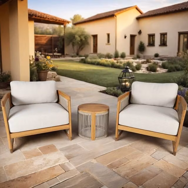 Mimo Solid Wood Outdoor Bistro Set in Sand with Two Armchairs and Side Table – 1