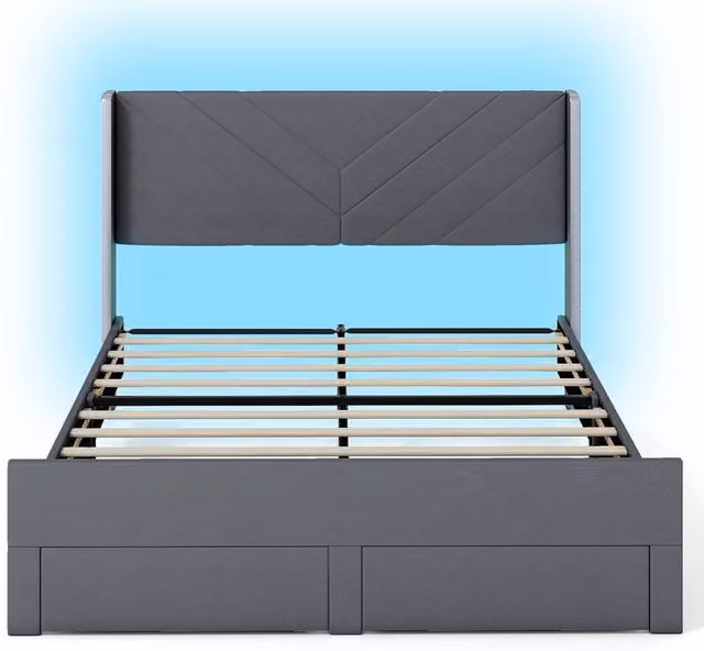 Costway King Size Upholstered Platform Bed Frame with LED Under-Bed Lighting and Drawers, Grey Velvet, 180 x 200 cm – 1