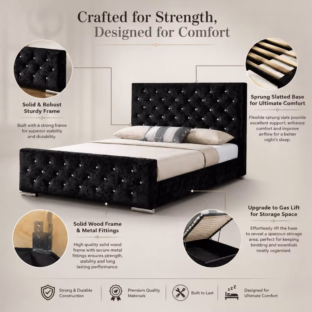 Stratus Interiors Florida Diamond Pattern Upholstered Plush Velvet Gas Lift Storage Bed in Black, Small Double (W/D/H: 120 x 200 cm) – 2