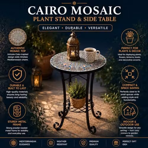 SHATCHI Cairo Mosaic Side Table and Plant Stand with Shelf, Multicolour, W/D/H: 35 x 35 x 54 cm – 5