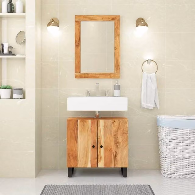 Berkfield Home Brown Acacia and Engineered Wood Freestanding Bathroom Sink Cabinet with Hinged Doors, W/D/H: 62 x 33 x 58 cm – 1