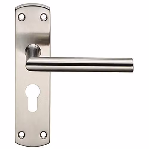 Loops Mitred Lever Door Handle on Euro Lock Backplate in Brushed Silver Stainless Steel, W/D/H: 17.2 x 4.4 cm