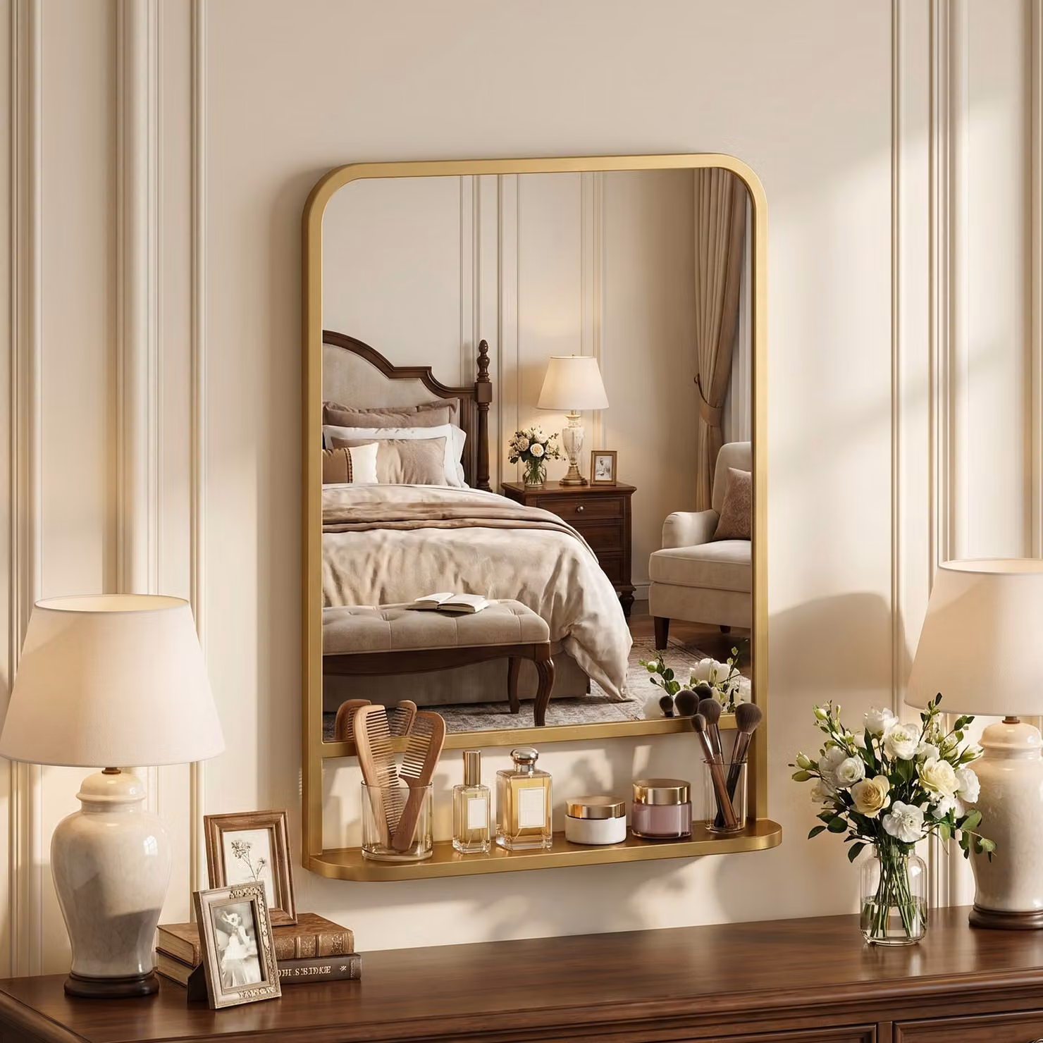 HOMCOM Modern Rectangular Wall Mirror with Storage Shelf, Gold Tone, W: 70 cm, H: 50 cm – 2