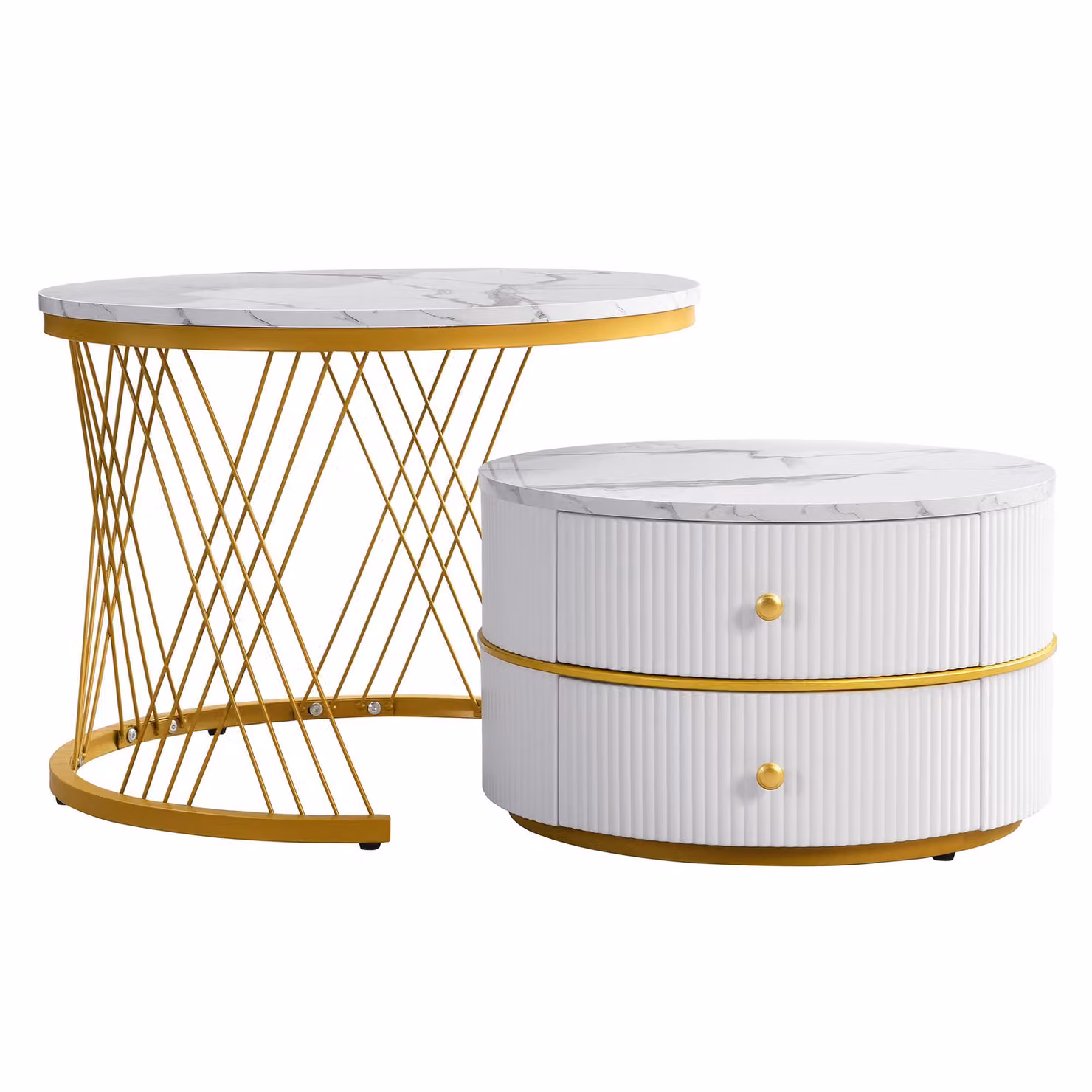 Aosom.UK 2 Piece High Gloss Round Nesting Coffee Table Set with Marble Top and Storage Drawers in Gold and White – 2