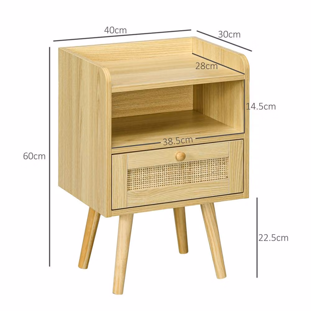 STILVORA Set of 2 Rustic Pine Bedside Tables with Rattan Drawer and Shelf in Beige – 2