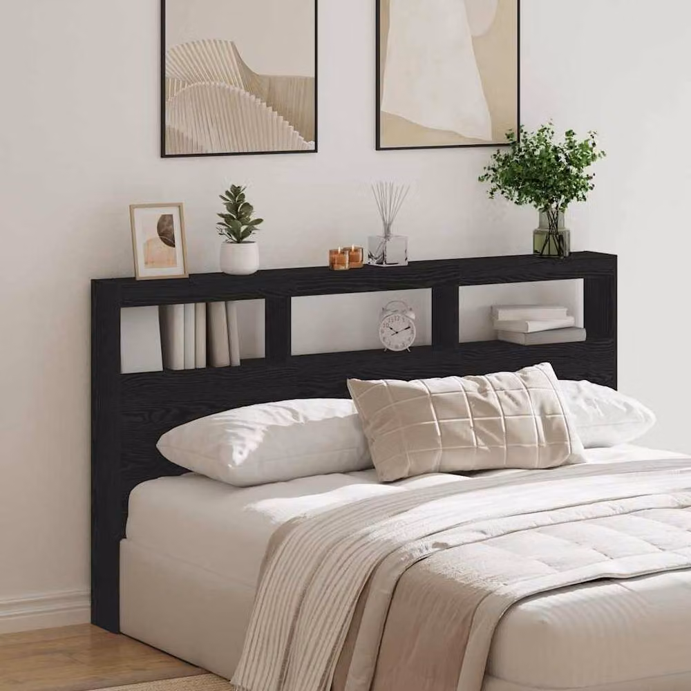 Berkfield Home Modern Black Oak Headboard Cabinet with LED Lighting and USB Charging Port, W/D/H: 180 x 17 x 102 cm – 3
