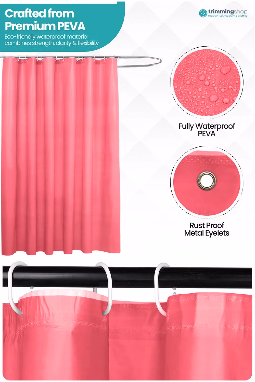 Neel Blue Pink PEVA Waterproof Shower Curtain with 12 Hooks, Mould and Mildew Resistant, W: 180 cm, H: 180 cm – 2