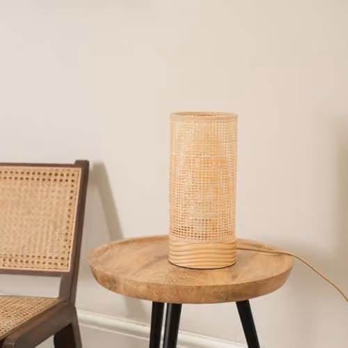 ValueLights Natural Wooden Table Lamp with Beige Bamboo Shade and Included LED Bulb – 2