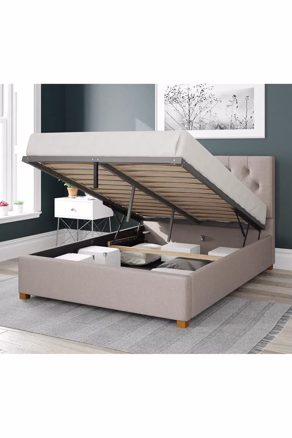 Aspire Olivier Upholstered Ottoman Storage Bed in White Fabric, W/D/H: 140 x 200 cm – 2