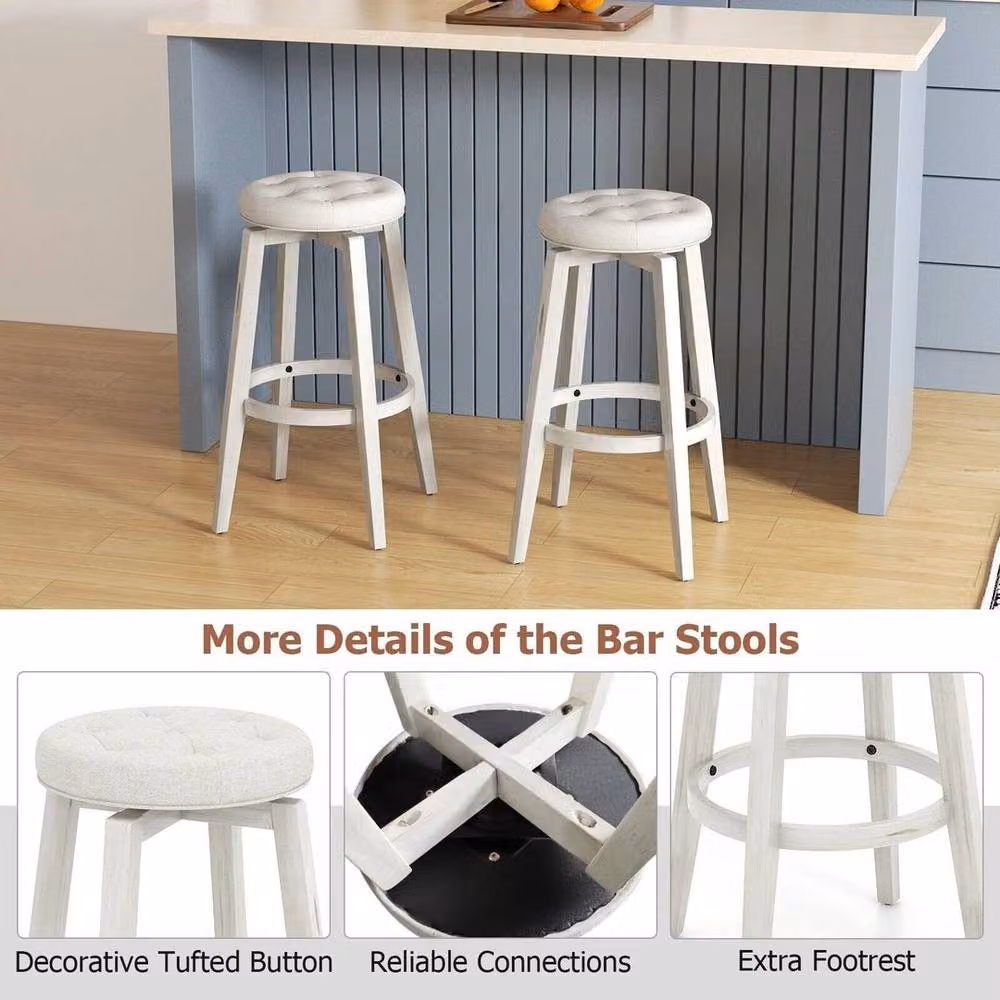 Kelvenix Set of 2 White Fabric Upholstered Vintage Bar Stools with Rubberwood Frame and 360 Degree Swivel – 3