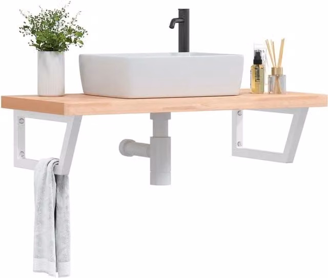 Berkfield Home Wall Mounted Basin Shelf in Brown Steel and Solid Beech Wood