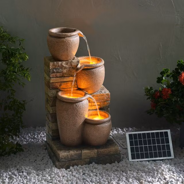 Teamson Home Solar Powered 4 Tier Cascading Outdoor Water Feature with LED Lights in Brown and Grey