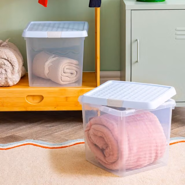 Wham Stackable Plastic Storage Box with Lid, Blue Transparent, 14 l
