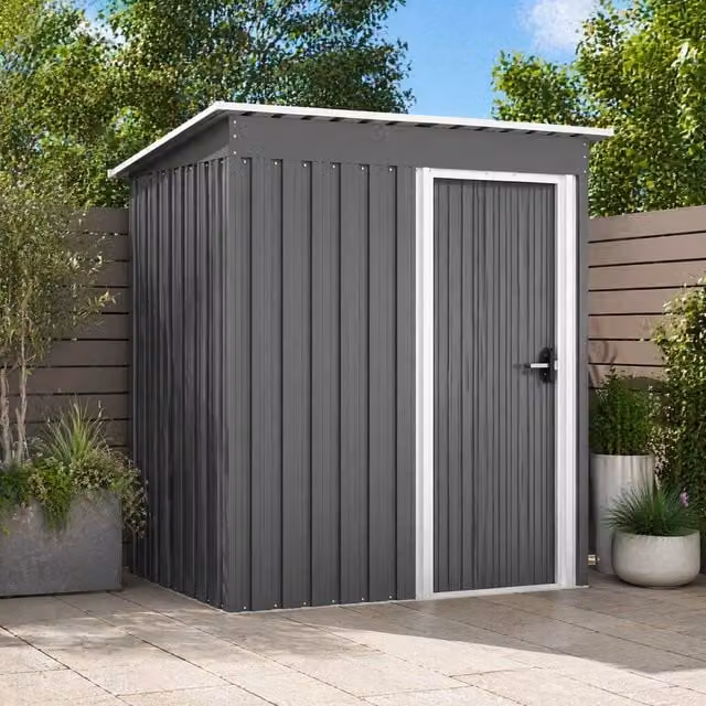 STILVORA Modern Pent Lean-to Garden Shed with Sliding Door in Matt Light Grey, W/D/H: 150 x 76 x 170 cm – 1
